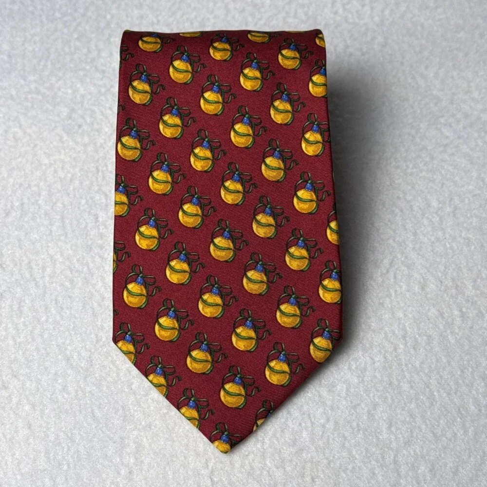 Brooks Brothers Makers Men Silk Tie Burgundy Red Gold Christmas Ornament Holiday